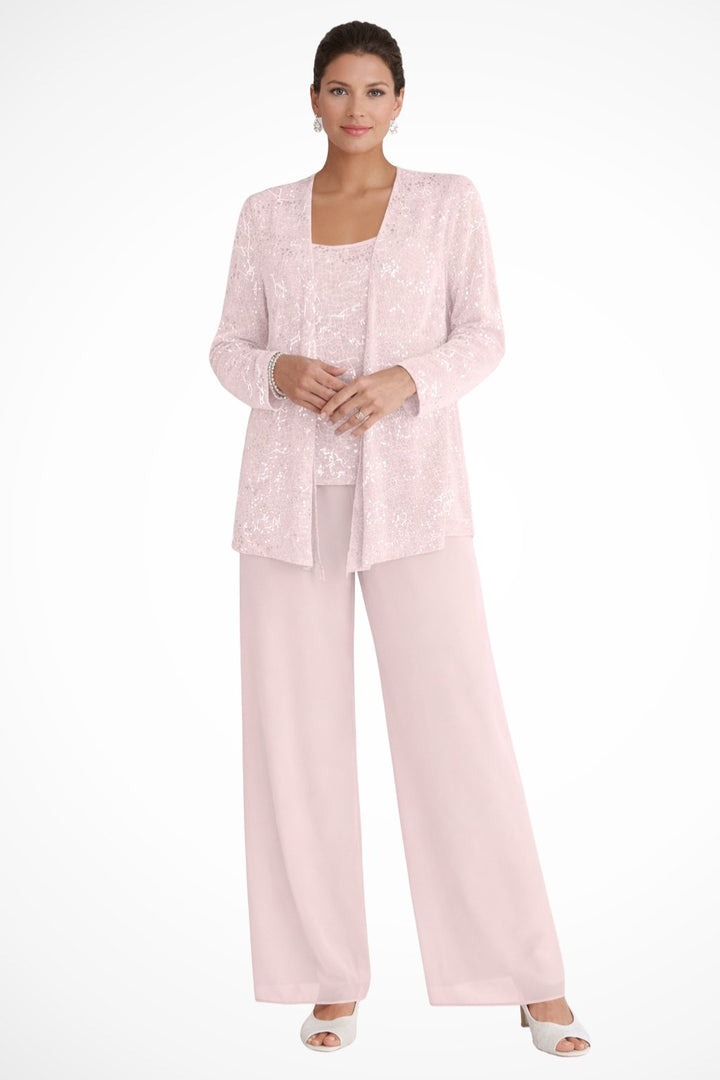 Women's Sequin Three-Piece Wide-Leg Pants Set Sparkle Jacket - Light Pink