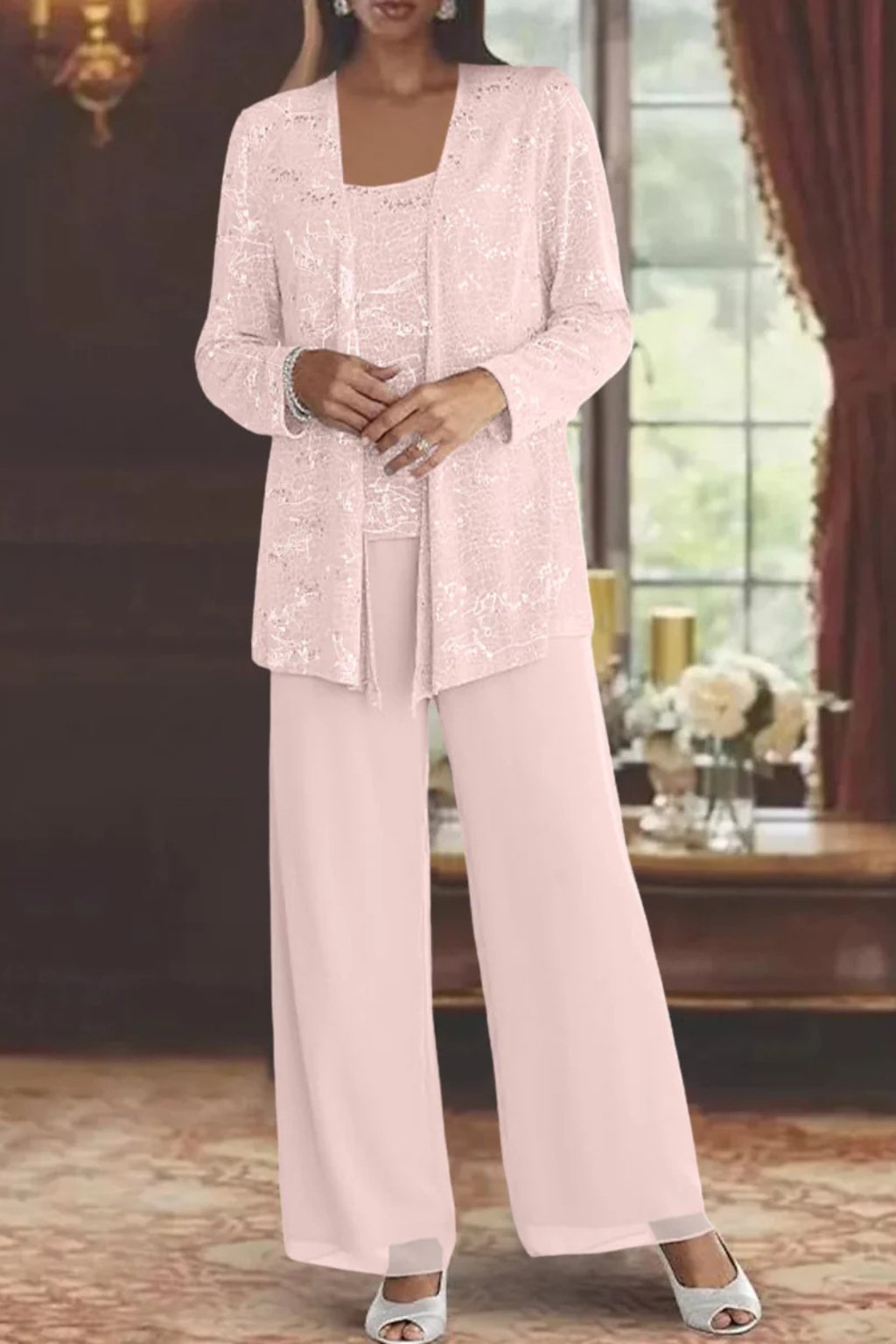 Women's Sequin Three-Piece Wide-Leg Pants Set Sparkle Jacket