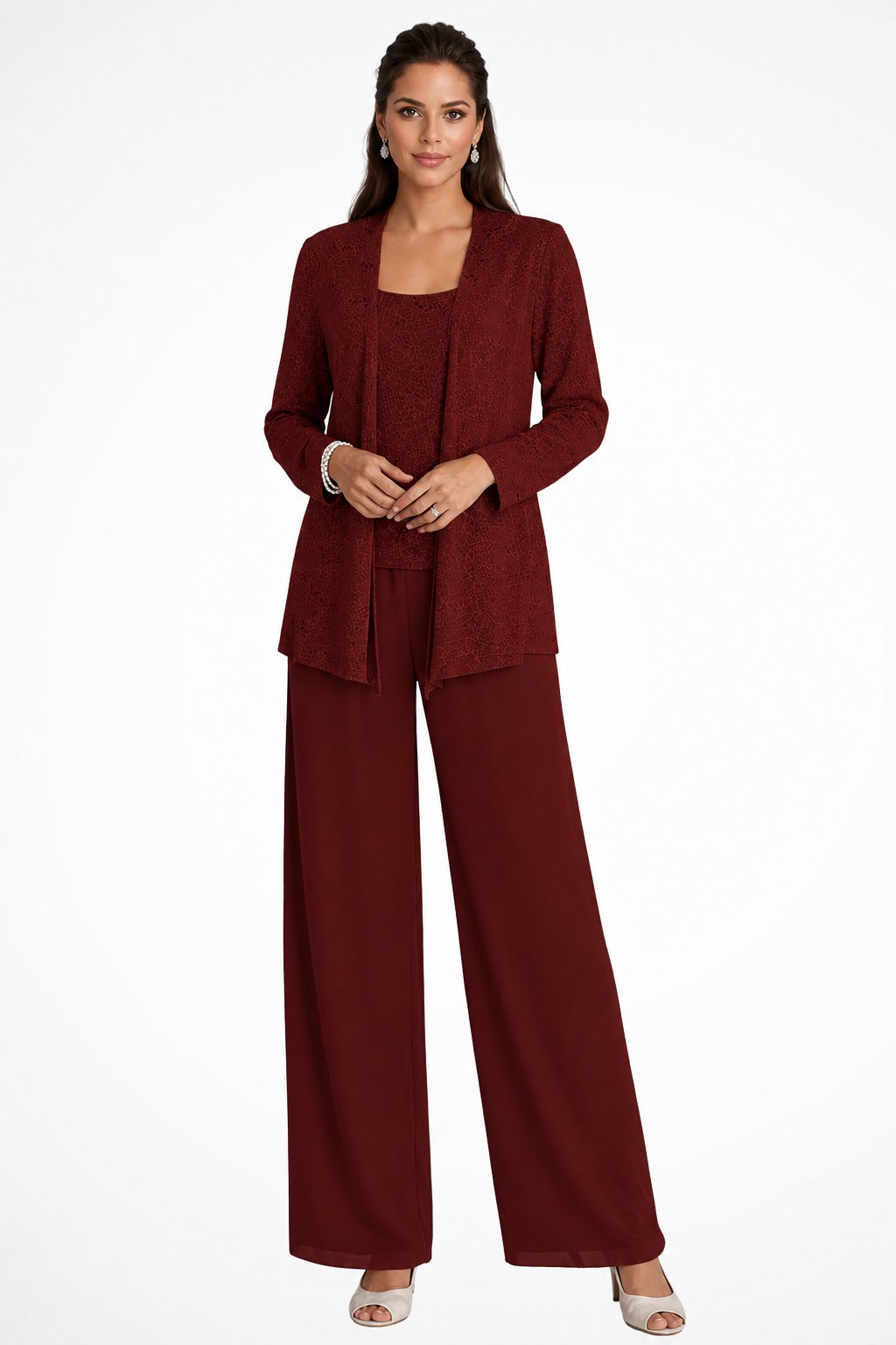 Women's Sequin Three-Piece Wide-Leg Pants Set Sparkle Jacket - Burgundy
