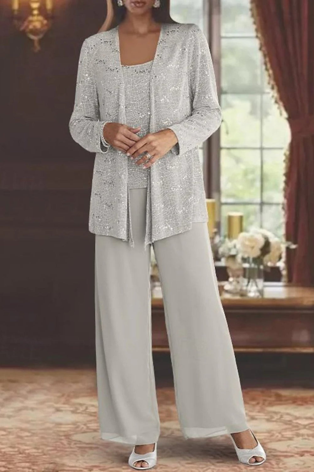 Women's Sequin Three-Piece Wide-Leg Pants Set Sparkle Jacket