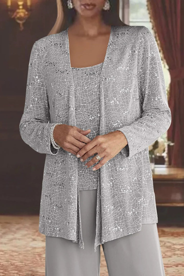 Women's Sequin Three-Piece Wide-Leg Pants Set Sparkle Jacket