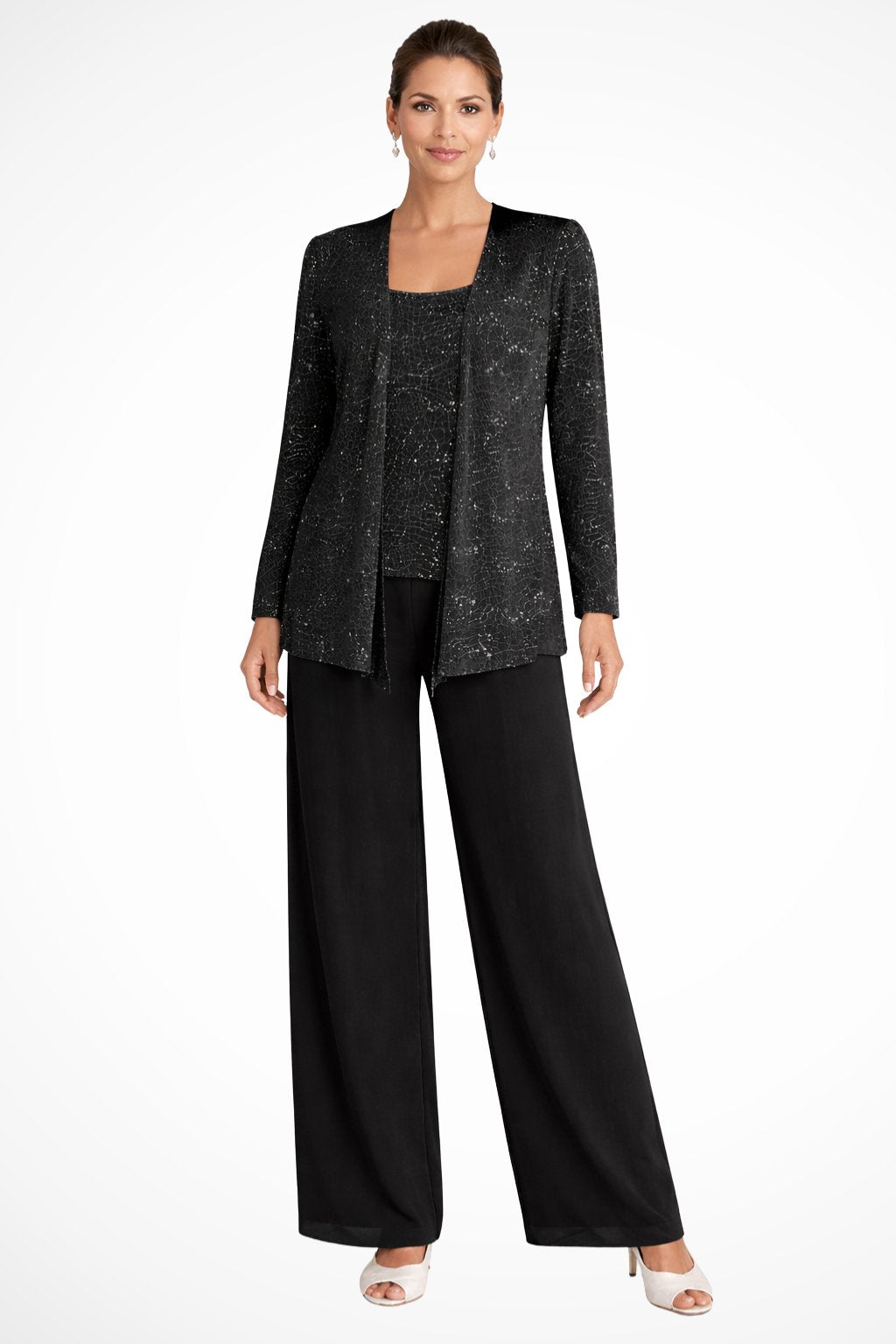Women's Sequin Three-Piece Wide-Leg Pants Set Sparkle Jacket - Black