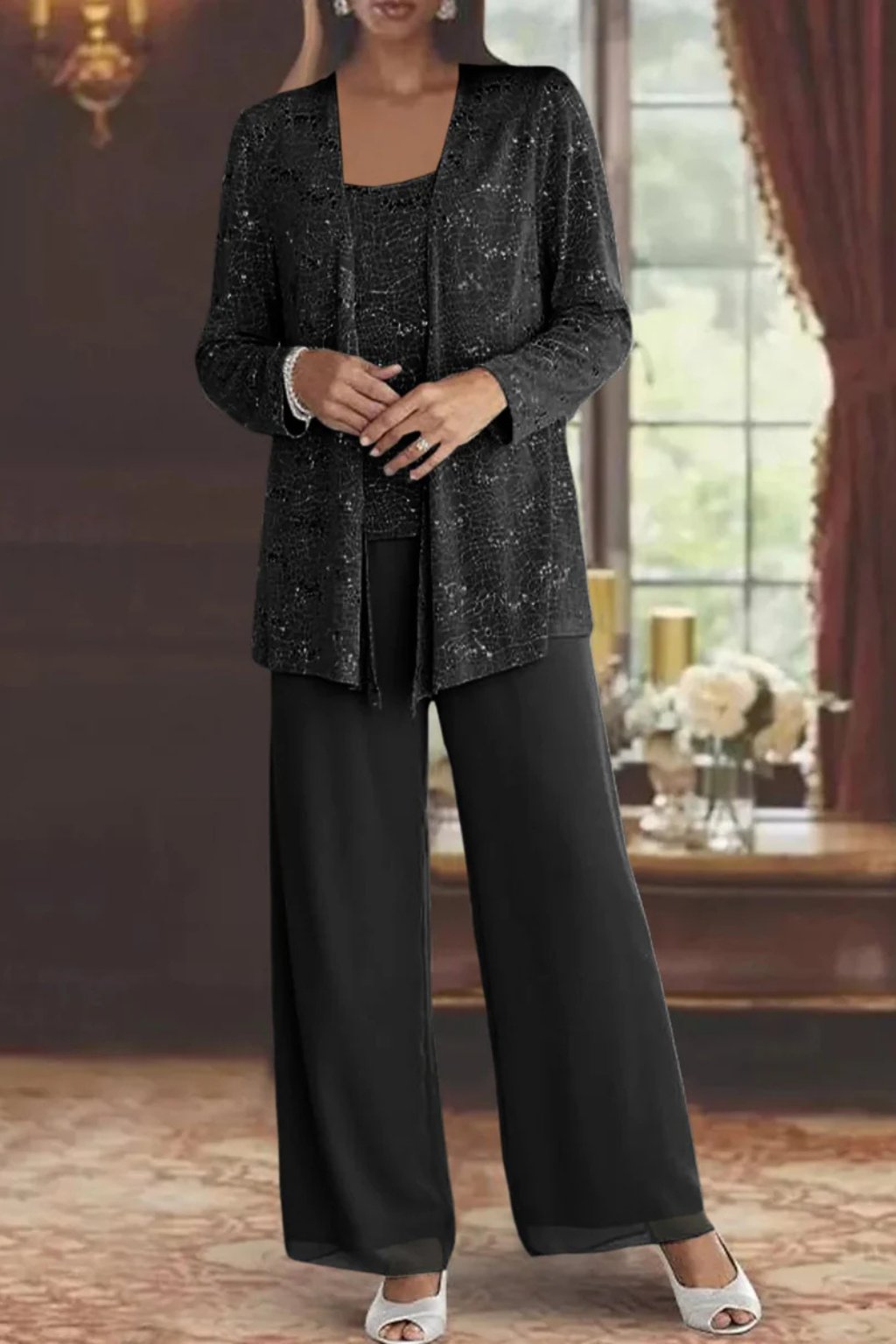 Women's Sequin Three-Piece Wide-Leg Pants Set Sparkle Jacket