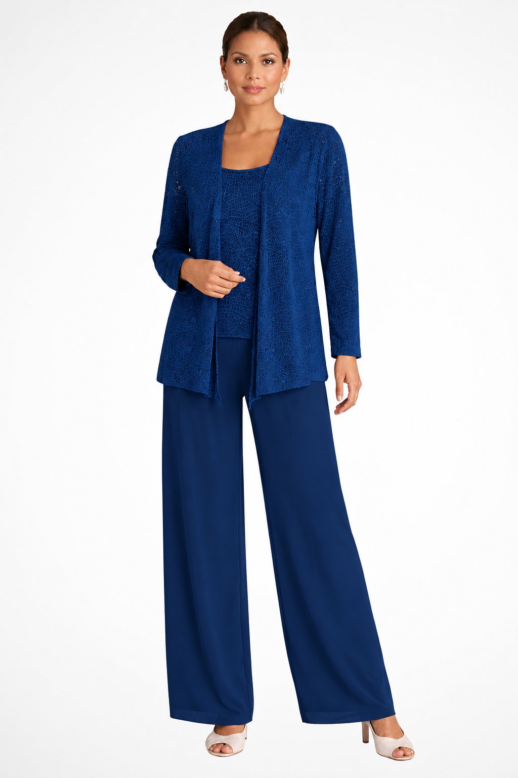Women's Sequin Three-Piece Wide-Leg Pants Set Sparkle Jacket - Navy Blue