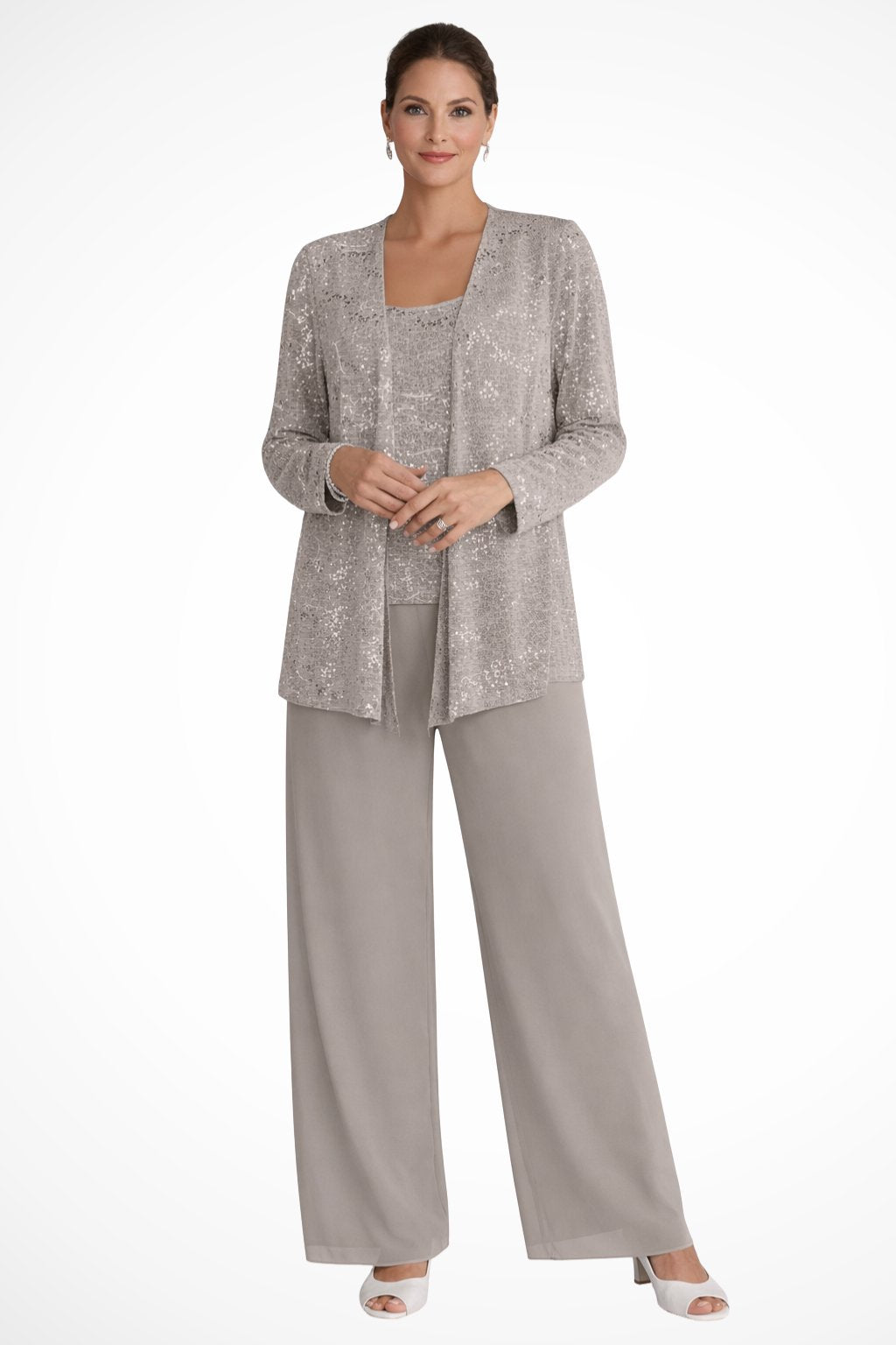 Women's Sequin Three-Piece Wide-Leg Pants Set Sparkle Jacket - Beige