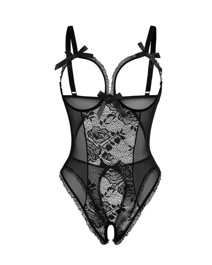 Women's Sheer Mesh Lace Open-Bust Crotchless Bodysuit - Black