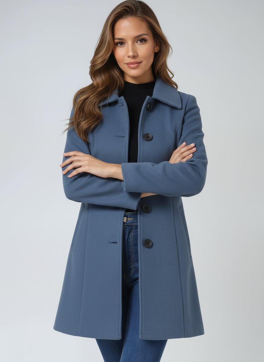 Women's Single-Breasted Lapel-Collar Mid-Length Winter Coat - Light Blue