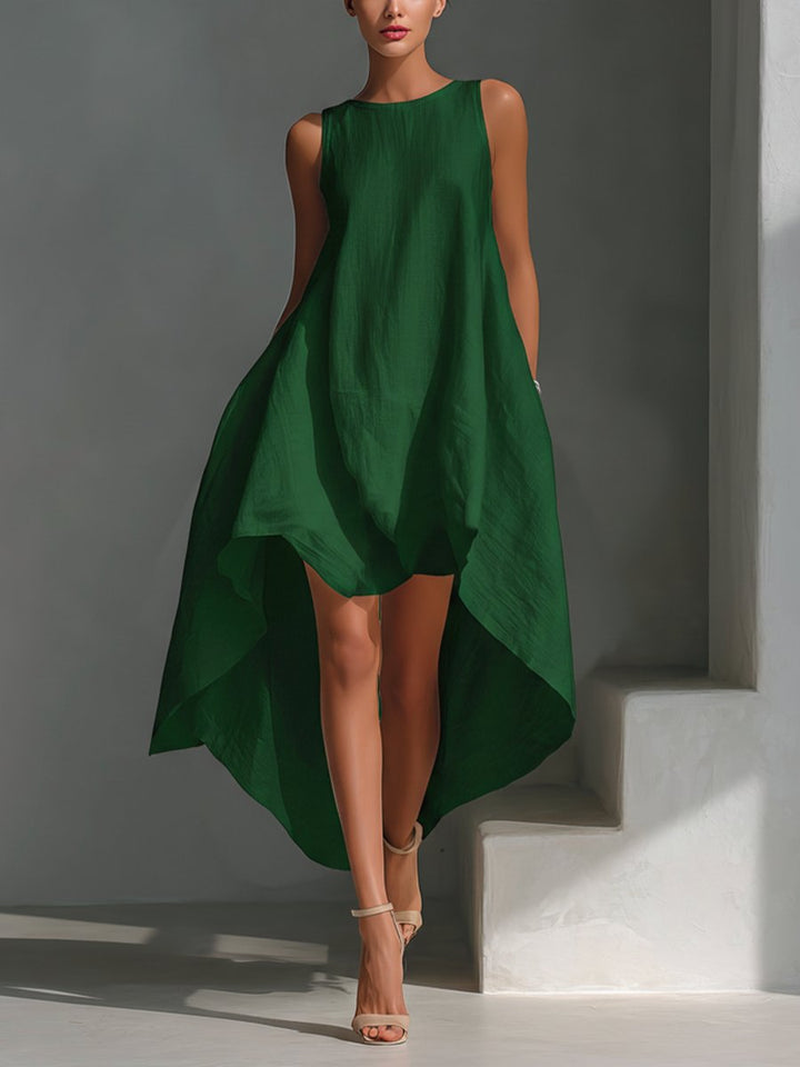 Women's Sleeveless Asymmetric Handkerchief-Hem Linen Midi Dress - Green
