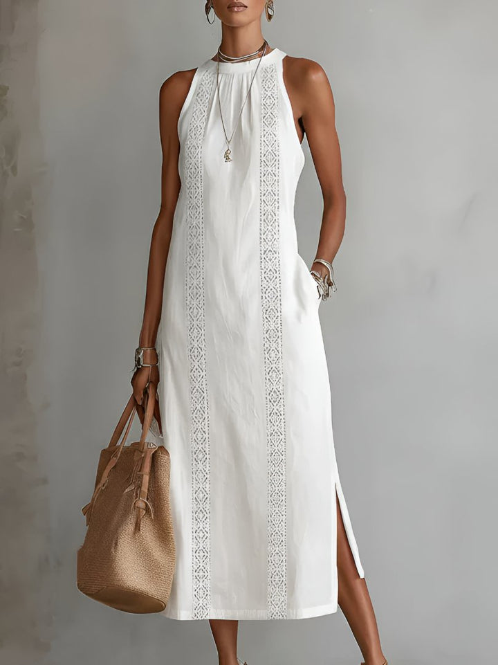 Women's Sleeveless Embroidered Round-Neck Midi Dress - White