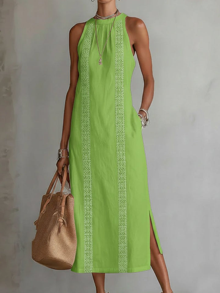 Women's Sleeveless Embroidered Round-Neck Midi Dress - Green