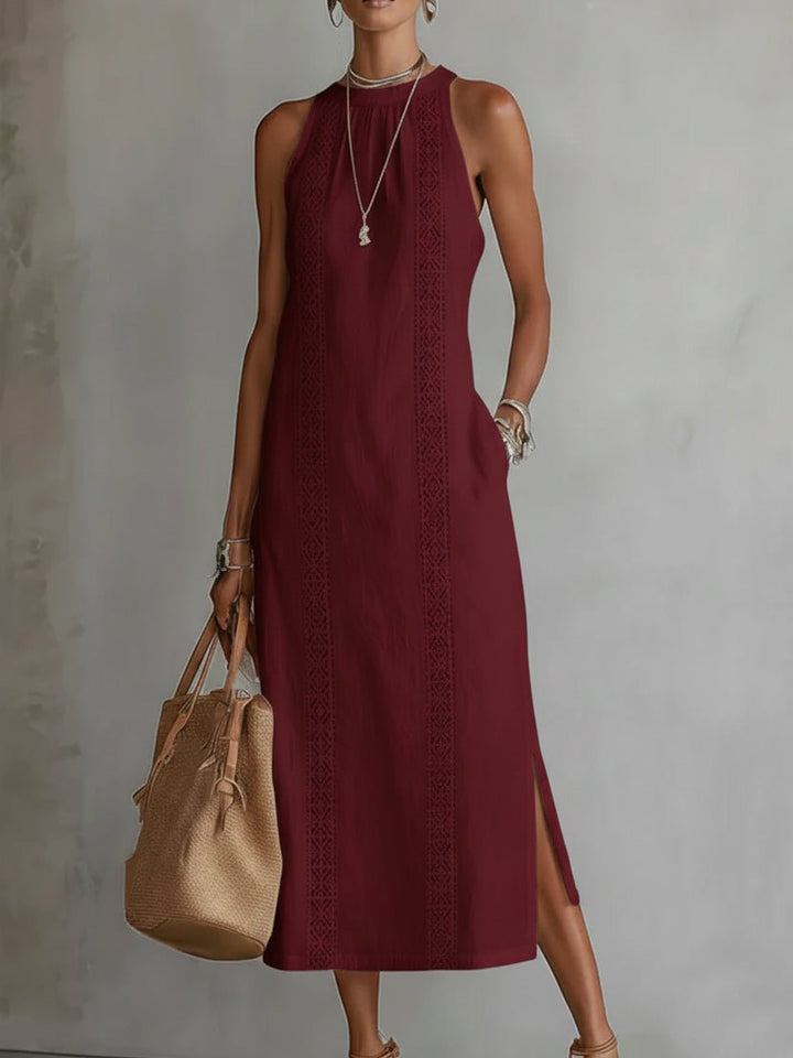 Women's Sleeveless Embroidered Round-Neck Midi Dress - Red