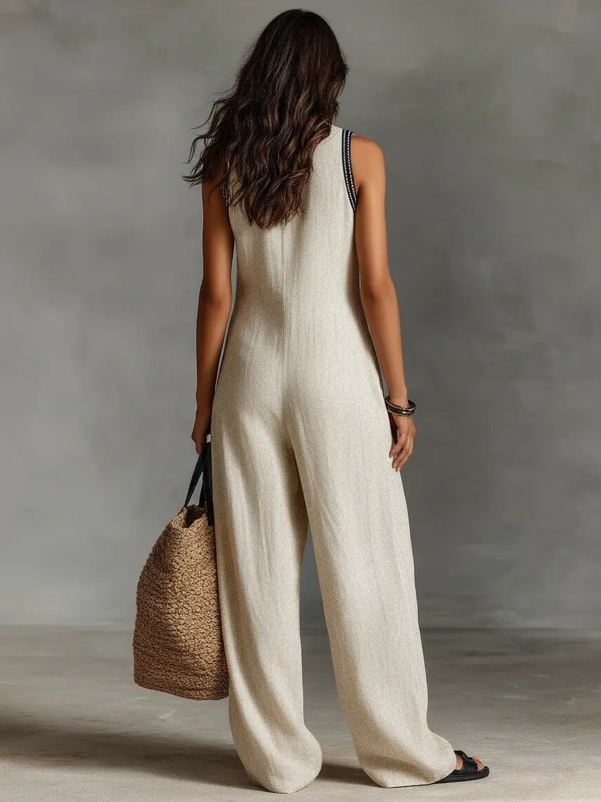 Women's Sleeveless Embroidered V-Neck Linen Blend Wide-Leg Jumpsuit