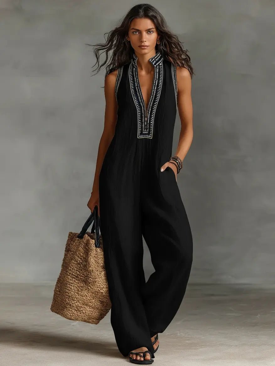 Women's Sleeveless Embroidered V-Neck Linen Blend Wide-Leg Jumpsuit - Black