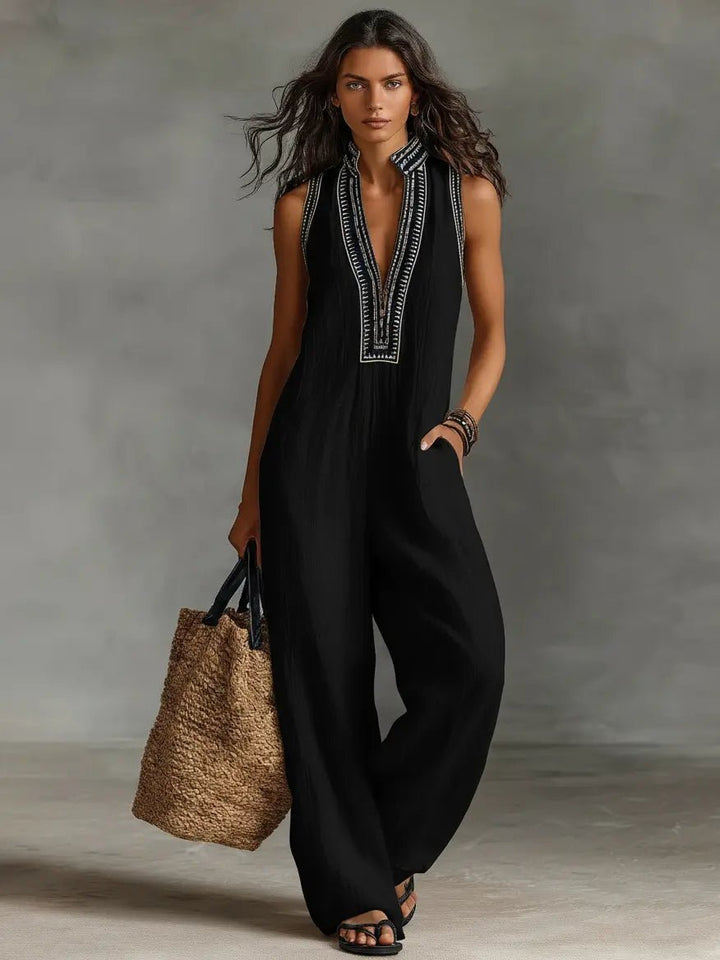 Women's Sleeveless Embroidered V-Neck Linen Blend Wide-Leg Jumpsuit - Black