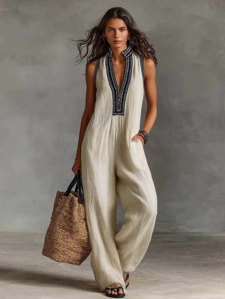 Women's Sleeveless Embroidered V-Neck Linen Blend Wide-Leg Jumpsuit