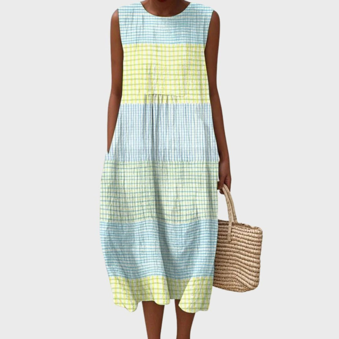 Women's Sleeveless Tiered Linen Plaid Color-Block Midi Dress - Light Blue