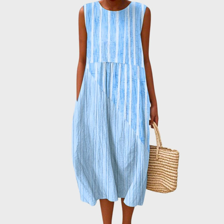 Women's Sleeveless Tiered Linen Plaid Color-Block Midi Dress - Light Blue 2