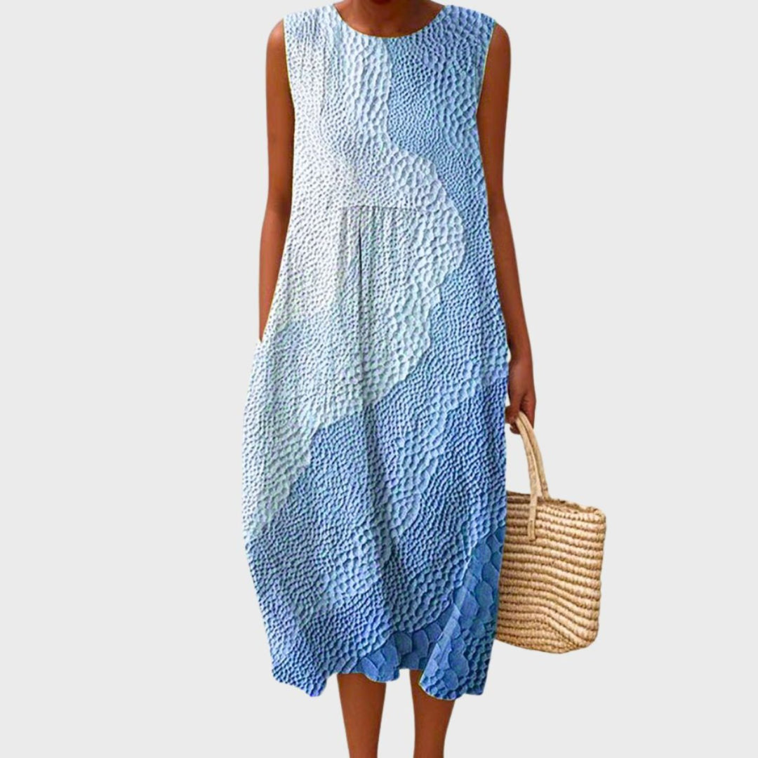 Women's Sleeveless Tiered Linen Plaid Color-Block Midi Dress - Steel Blue