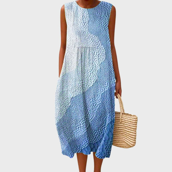 Women's Sleeveless Tiered Linen Plaid Color-Block Midi Dress - Steel Blue