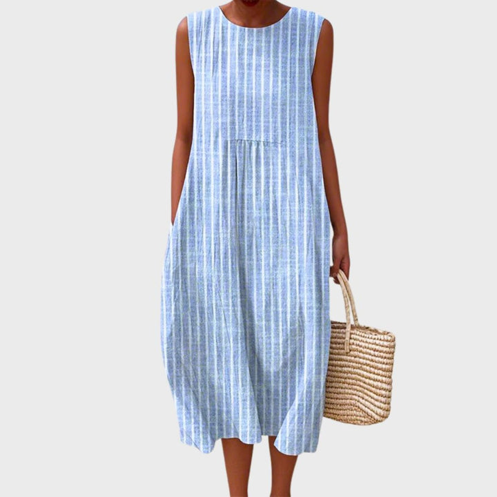 Women's Sleeveless Tiered Linen Plaid Color-Block Midi Dress - Blue
