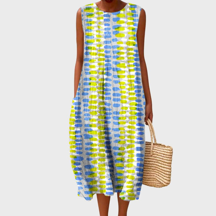 Women's Sleeveless Tiered Linen Plaid Color-Block Midi Dress - Light Gray