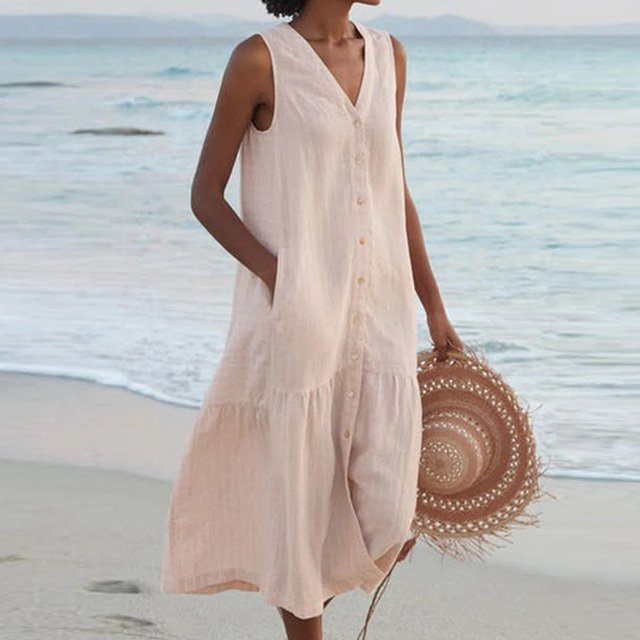 Women's Sleeveless V-Neck Button-Down Relaxed Midi Dress - Khaki