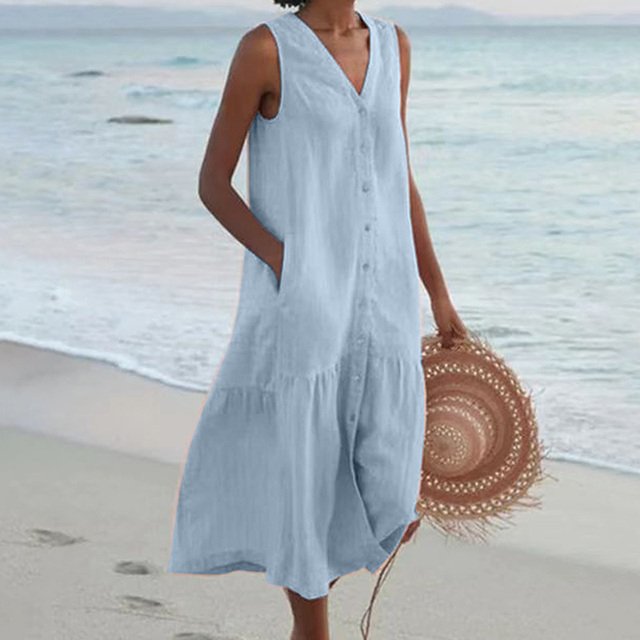 Women's Sleeveless V-Neck Button-Down Relaxed Midi Dress - Blue