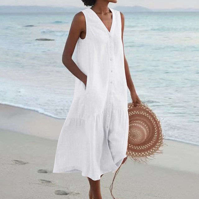 Women's Sleeveless V-Neck Button-Down Relaxed Midi Dress - White