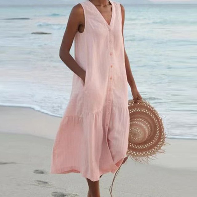 Women's Sleeveless V-Neck Button-Down Relaxed Midi Dress - Pink