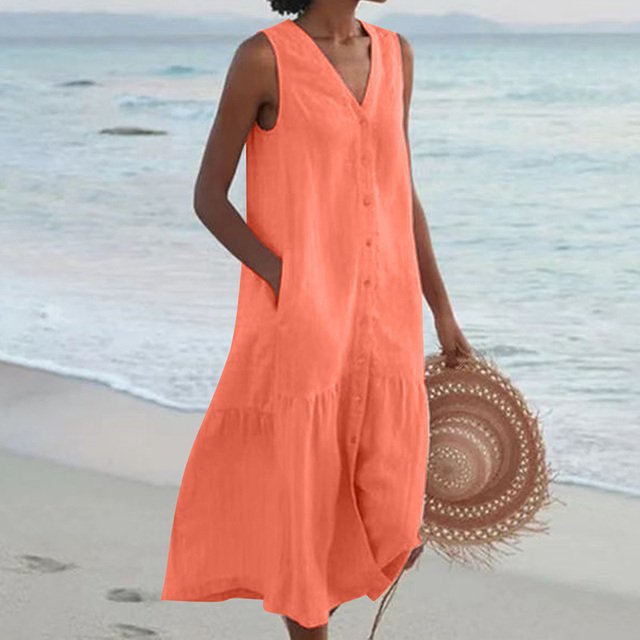 Women's Sleeveless V-Neck Button-Down Relaxed Midi Dress - Orange