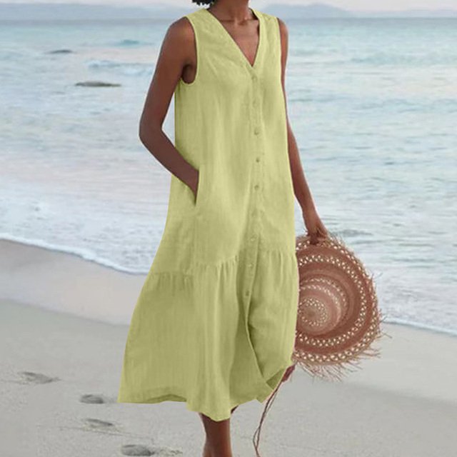 Women's Sleeveless V-Neck Button-Down Relaxed Midi Dress - Green