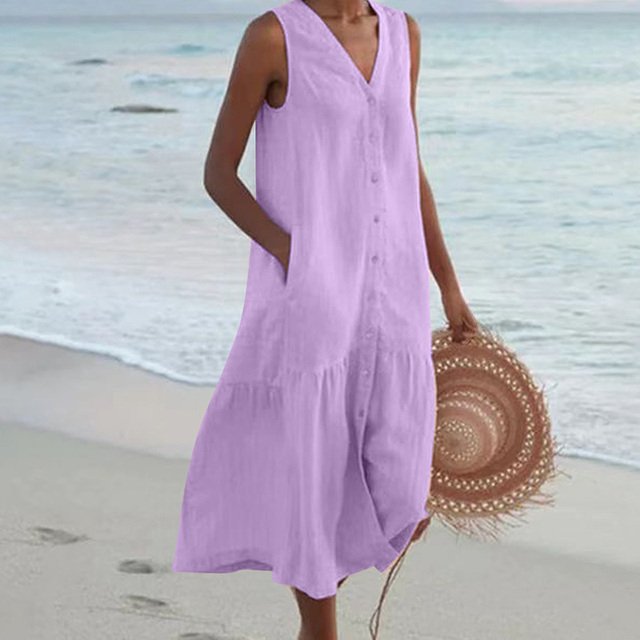 Women's Sleeveless V-Neck Button-Down Relaxed Midi Dress - Purple