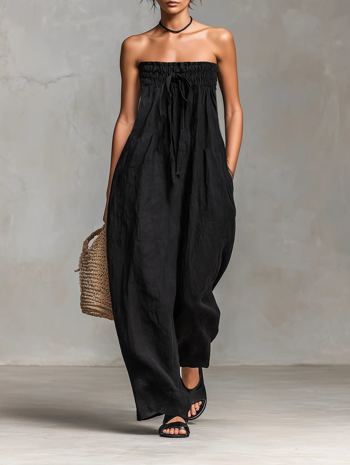 Women's Strapless Loose-Fit Linen Blend Wide-Leg Jumpsuit - Black