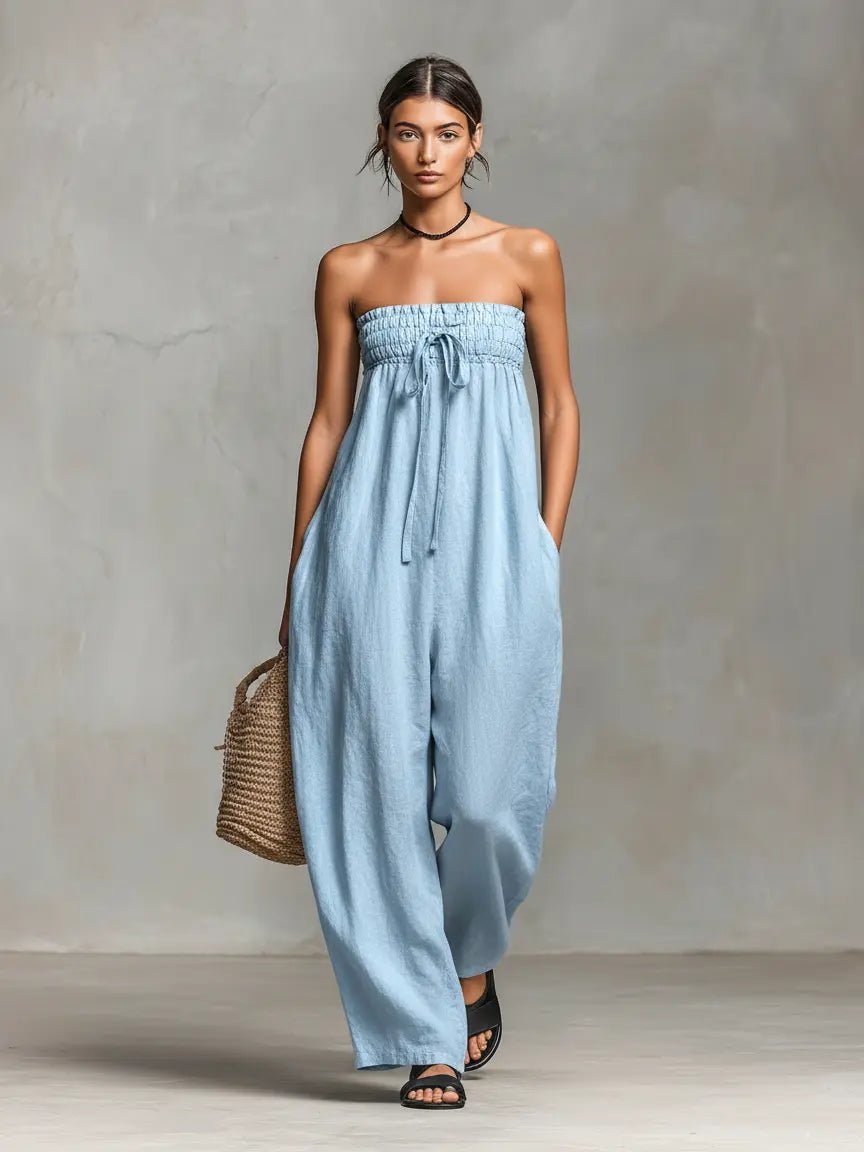 Women's Strapless Loose-Fit Linen Blend Wide-Leg Jumpsuit - Light Blue