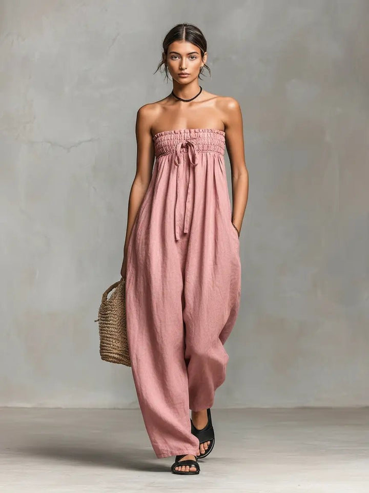 Women's Strapless Loose-Fit Linen Blend Wide-Leg Jumpsuit - Light Pink