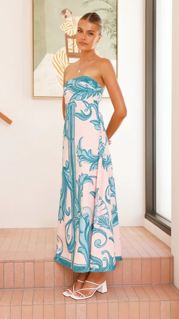 Women's Strapless Vintage Print Flowy Maxi Tube Dress