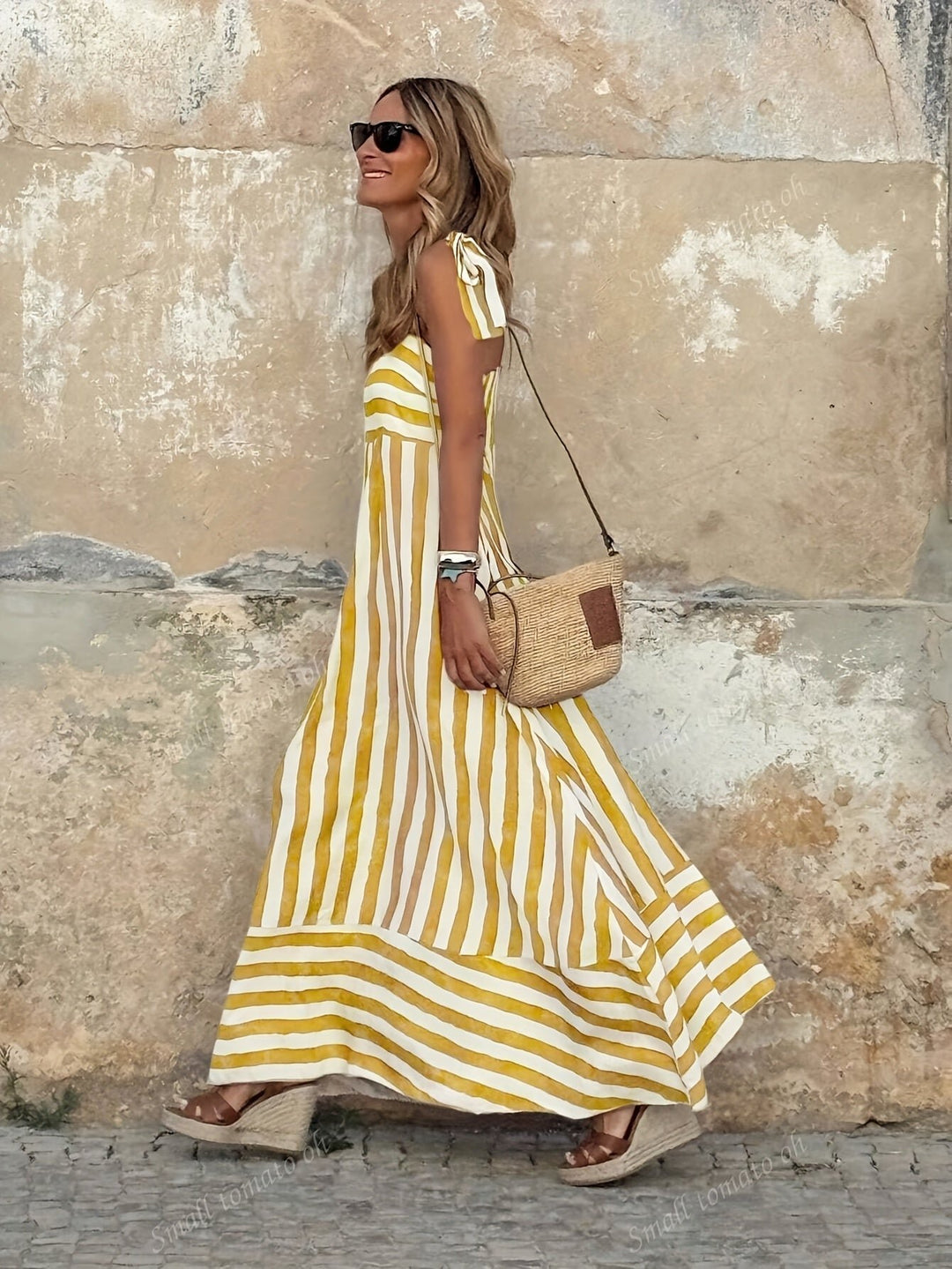 Women's Tie-Strap Wide-Stripe Flowy Maxi Dress