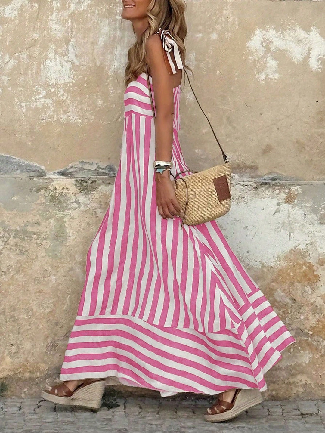 Women's Tie-Strap Wide-Stripe Flowy Maxi Dress - Pink