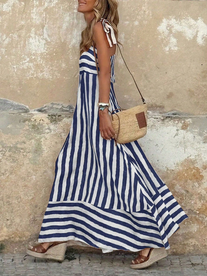 Women's Tie-Strap Wide-Stripe Flowy Maxi Dress - Blue