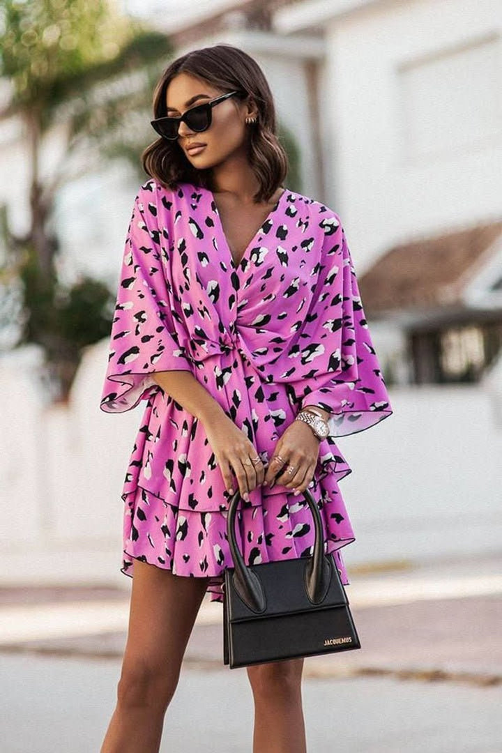 Women's Tropical-Print Tiered Ruffle Mini Cocktail Dress - Pink