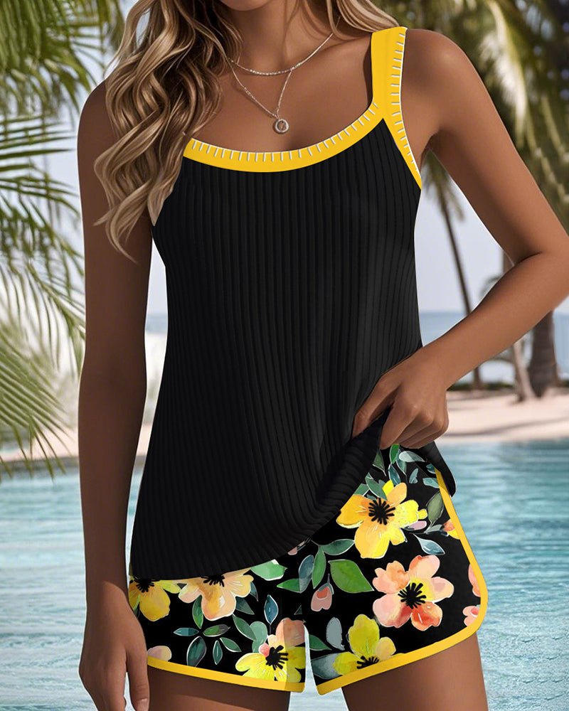 Women's Tummy-Control Floral Two-Piece Tankini Swimsuit Set - Yellow