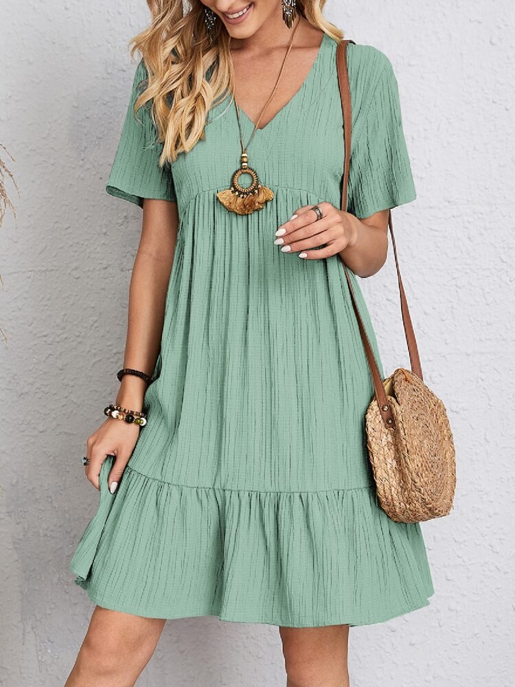 Women's V-Neck Short-Sleeve Flowy Ruffle-Hem Babydoll Dress - Light Green
