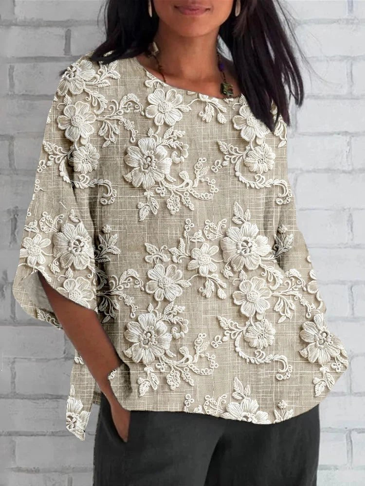 Women's Vintage Floral Embroidery Relaxed-Fit Half-Sleeve Blouse - Khaki