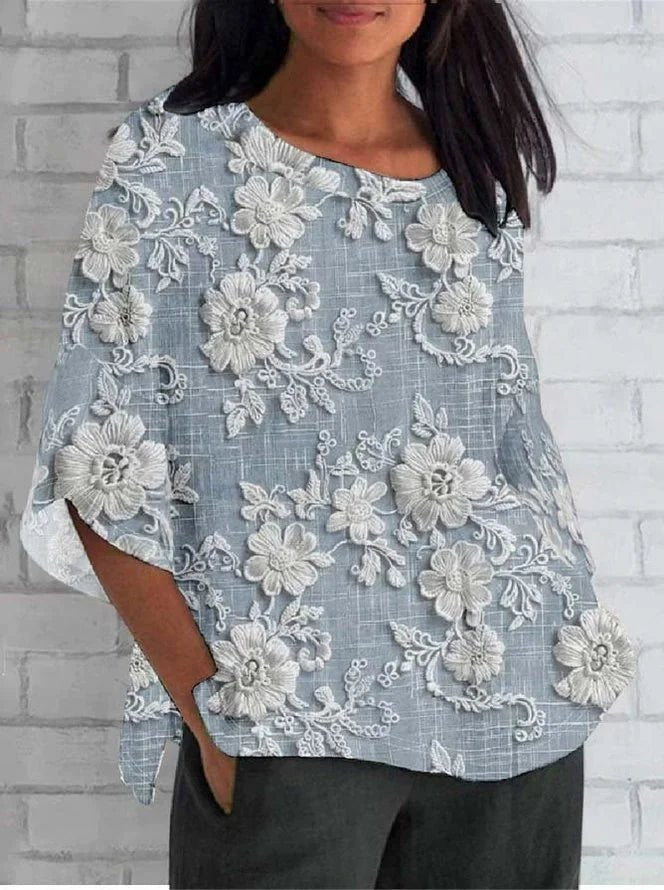Women's Vintage Floral Embroidery Relaxed-Fit Half-Sleeve Blouse - Blue