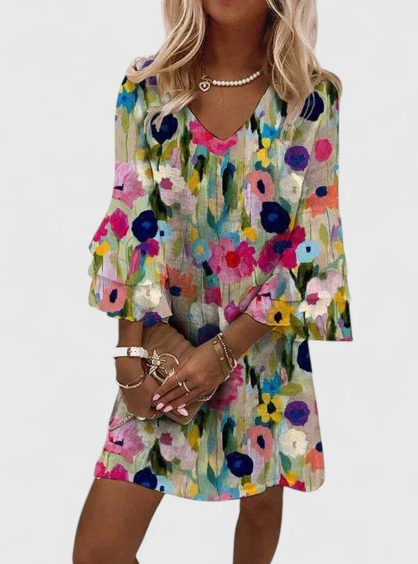 Women's Watercolor Floral V-Neck Ruffle-Sleeve Mini Dress - Multicolored