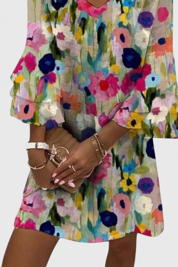 Women's Watercolor Floral V-Neck Ruffle-Sleeve Mini Dress