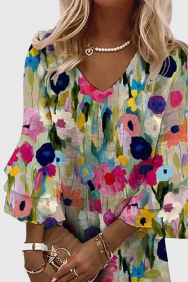 Women's Watercolor Floral V-Neck Ruffle-Sleeve Mini Dress