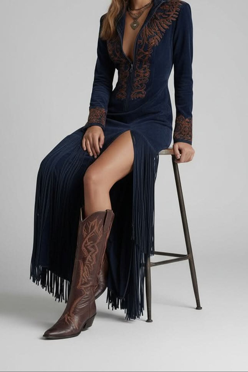 Women's Western Fringe Long-Sleeve Embroidered Evening Gown