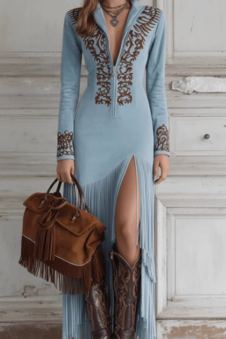 Women's Western Fringe Long-Sleeve Embroidered Evening Gown
